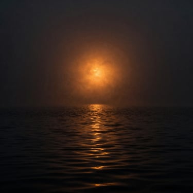 Abstract atmospheric shot of dark water ripples under a single amber spotlight, heavy fog, high-contrast black and orange tones.