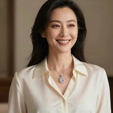 A portrait of a sophisticated woman smiling warmly, wearing an elegant cream-colored silk blouse and a delicate, bespoke diamond pendant. Soft, natural lighting.