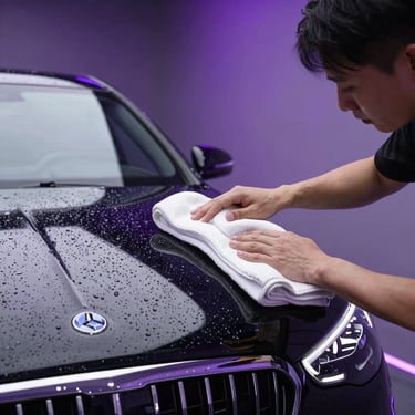 A detailer uses a white microfiber towel to dry a black Mercedes-Benz after a professional car wash.