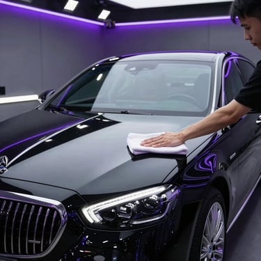 Professional car detailer polishing a black luxury sedan with a microfiber cloth in a detailing studio.