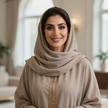 A portrait of a serene Middle Eastern / Gulf woman in elegant modest attire, smiling confidently in a brightly lit, sophisticated indoor environment.