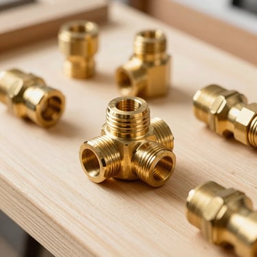 Close-up of brushed solid brass joints and fixtures, clean workshop daylight, architectural detailing