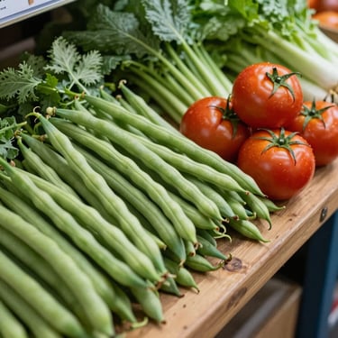 Overhead close-up of fresh vegetables — green beans, tomatoes, and leafy greens arranged on a wooden market counter under natural daylight, business-documentation framing, no people