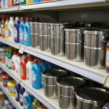 Shelf of household goods — stainless steel containers, cleaning supplies, and packaged items in a small Indian retail store, fluorescent shop lighting, no faces, overhead angle