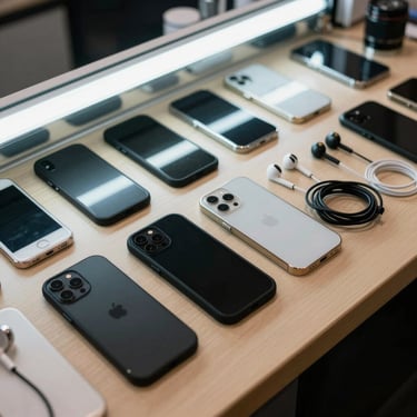Display of small electronics and accessories — mobile phone covers, earphones, and cables laid out on a shop counter under fluorescent lighting, no faces, top-down framing