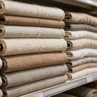 Close-up of neatly folded fabric bolts — cotton and linen in earthy tones stacked on a retail shelf under warm shop lighting, no faces or people, business-documentation style