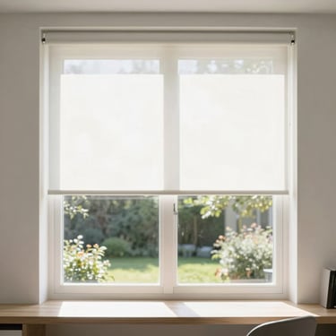 Bright interior photography of a home office with sunscreen 5% roller blinds filtering natural daylight, showing a soft view of the garden outside, high-contrast, 35mm