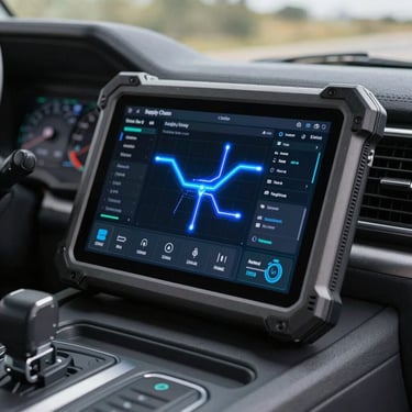 Close-up of a ruggedized telemetry tablet inside a modern truck cabin, displaying a dark-themed supply chain dashboard with glowing cobalt blue routes and technical data.
