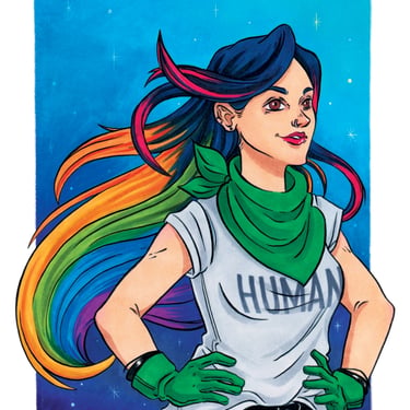 mujer con cabello de colores con guantes y pañuelo verdes
