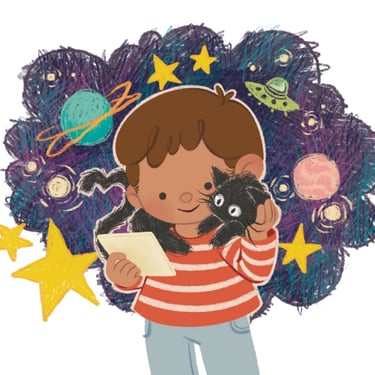 niño leyendo a un gato he imaginado mundos galacticos