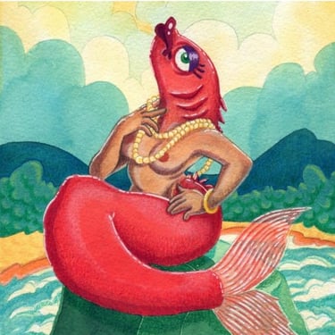acuarela de sirena pez en el mar colores rojo azul 