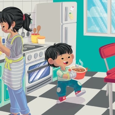 mama y niño en una cosina cosinando