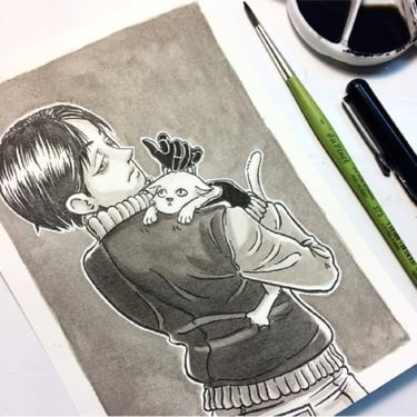 ilustracion de tinta china con imagen de una joven con gato en brazos