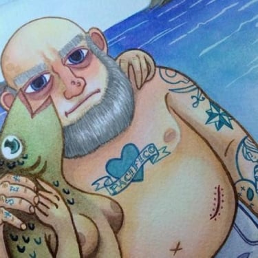 ilustracion de un hombre con su novia sirena en el mar y tatuajes