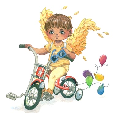 Niño con alas en bisicleta y globos de colores
