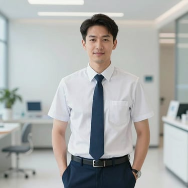 Man in professional attire in a modern clinic environment, bright and clean photography style.