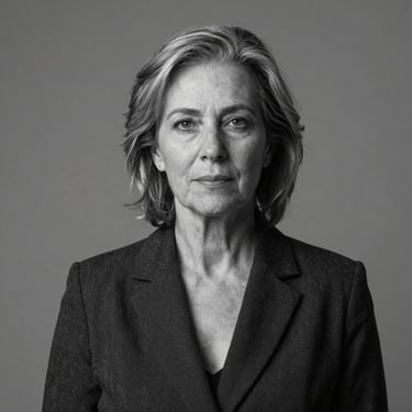 Retrato corporativo em preto e branco de uma mulher sênior com blazer escuro, iluminação lateral natural e suave, olhar seguro
