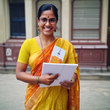 A smiling female teacher reviewing a digital report card on a tablet.