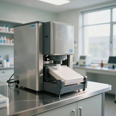 A bright, modern long-term care pharmacy cleanroom with stainless steel surfaces and automated packaging technology, clean natural daylight.