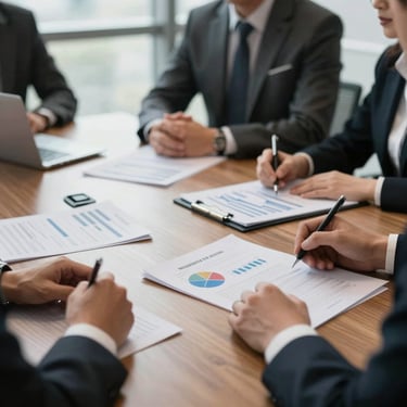 A professional corporate boardroom strategy session with clinical documents and charts on a wooden table, soft natural window lighting.