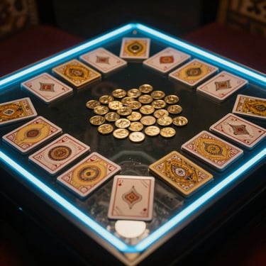 Traditional Indian card game layout on a dark glass table, gold coins, neon rim lighting, square aspect