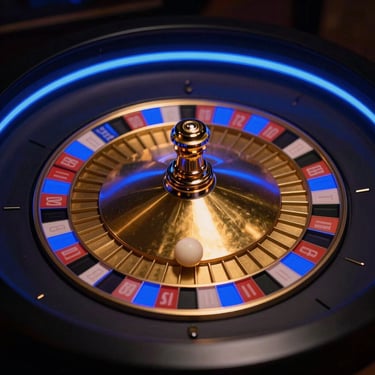 A spinning golden roulette wheel with a single ivory ball, electric royal blue glowing highlights, square aspect