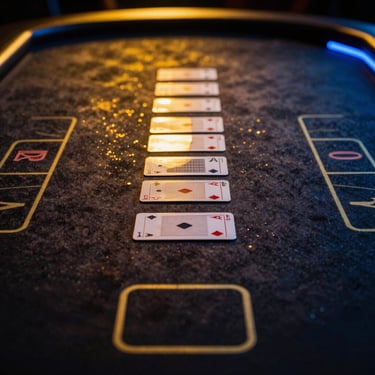 A winning blackjack hand on a premium dark felt table, dramatic golden specular highlights, square aspect