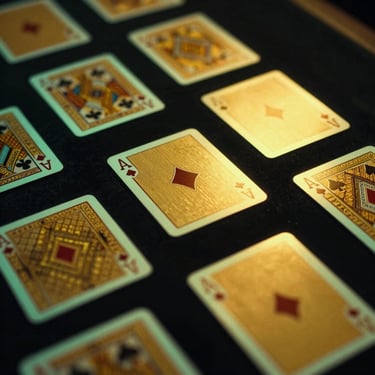 Close-up of golden playing cards dealt on a dark velvet table, neon green rim lighting, high contrast, square aspect