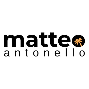 Matteo Antonello brand logo featuring bold black typography and an orange palm tree icon in a circle.