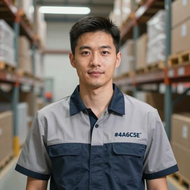 Professional portrait of a male logistics partner in a clean warehouse environment, soft lighting, wearing professional attire with subtle #4A6C5B brand accents.
