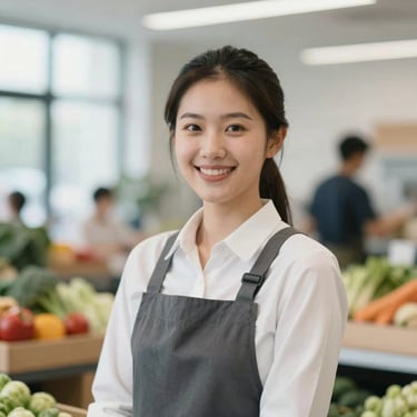 Professional portrait of a female fresh produce distributor in a modern, light-filled office, professional and friendly expression, natural lighting.