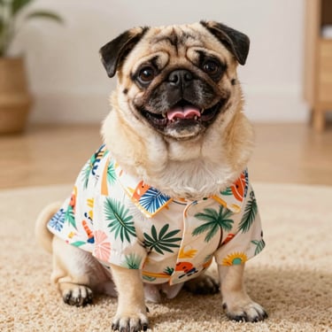 Warm editorial pet photography of a happy pug wearing a perfectly fitted colorful handmade tropical shirt, sitting comfortably on a warm rug, bright natural daylight, close-up showing the comfortable fit around its chest.
