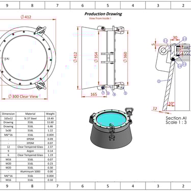Technische tekening met afmetingen van de RVS patrijspoort 300mm