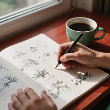 Hands sketching a storyboard on crisp parchment paper next to a ceramic cup of black coffee, morning window light casting soft shadows, editorial layout, 35mm