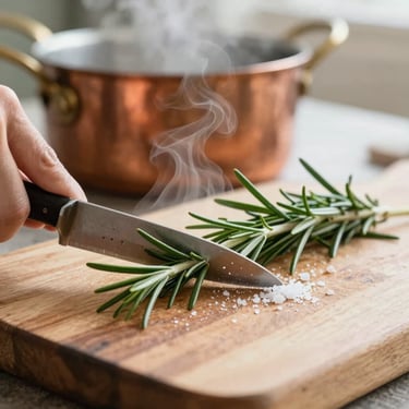 Macro shot of fresh rosemary being chopped on a heavy wooden block, dustings of sea salt, steam rising from a copper pot in the background, soft natural daylight, 35mm