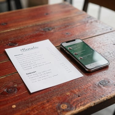 A rustic wooden table with a handwritten menu list and a clean smartphone displaying an active local community chat, warm daylight, shallow depth of field, 35mm