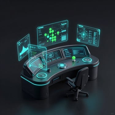 Sleek 3D render of a futuristic command center dashboard, glowing neon cyan and emerald nodes, floating holographic charts, dark high-contrast background, isometric perspective.
