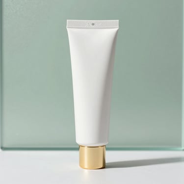 Matte white tube with a liquid gold cap, bright clinical lighting, soft shadows.