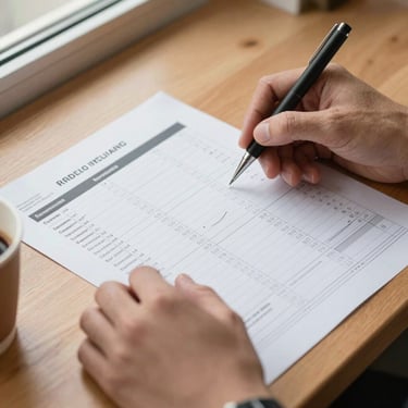 Close detail shot—two hands reviewing a printed evaluation report on a wooden desk, a coffee cup partially in frame, natural window light from the left, shallow depth of field focusing on annotated data rows