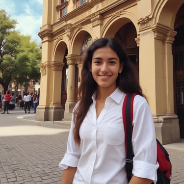 Portrait of a happy young Latin American woman smiling outdoors in Spain.