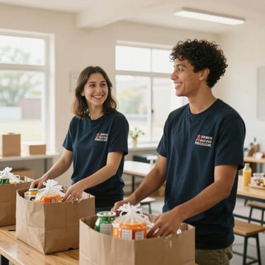 Two volunteers smiling while organizing food baskets in a bright community hall, warm natural daylight, respectful framing