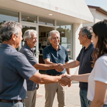 Local business owners shaking hands warmly outside a storefront, bright morning light, authentic community connection