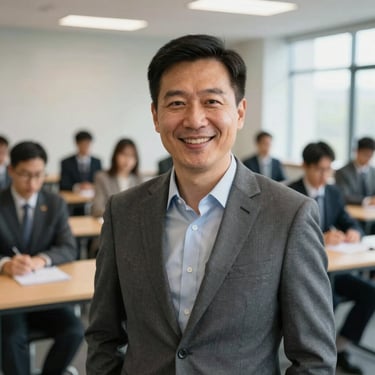 Professional portrait of a corporate director in a modern seminar room, smiling warmly, clean daylight.