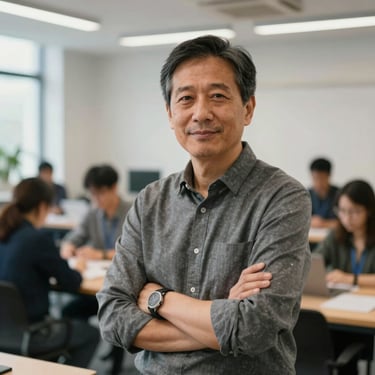 Professional portrait of a technology leader in a collaborative workshop space, bright indoor lighting.
