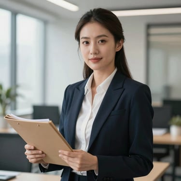 Professional portrait of a female financial executive with physical folders, modern office background, soft natural lighting.