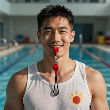 Tight portrait of a professional male lifeguard trainer, smiling confidently, wearing a red whistle, pool background.