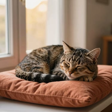 A calm, senior tabby cat curled up asleep on a soft terracotta cushion under warm window light
