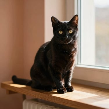 A sleek young black cat sitting gracefully on a sunlit wooden shelf, looking at the camera, warm tones