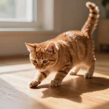 A playful ginger kitten batting at a soft shadow on a warm wooden floor, soft daylight