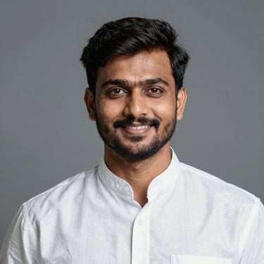 Portrait of a confident young man with a subtle smile, set against a dark, glowing background.
